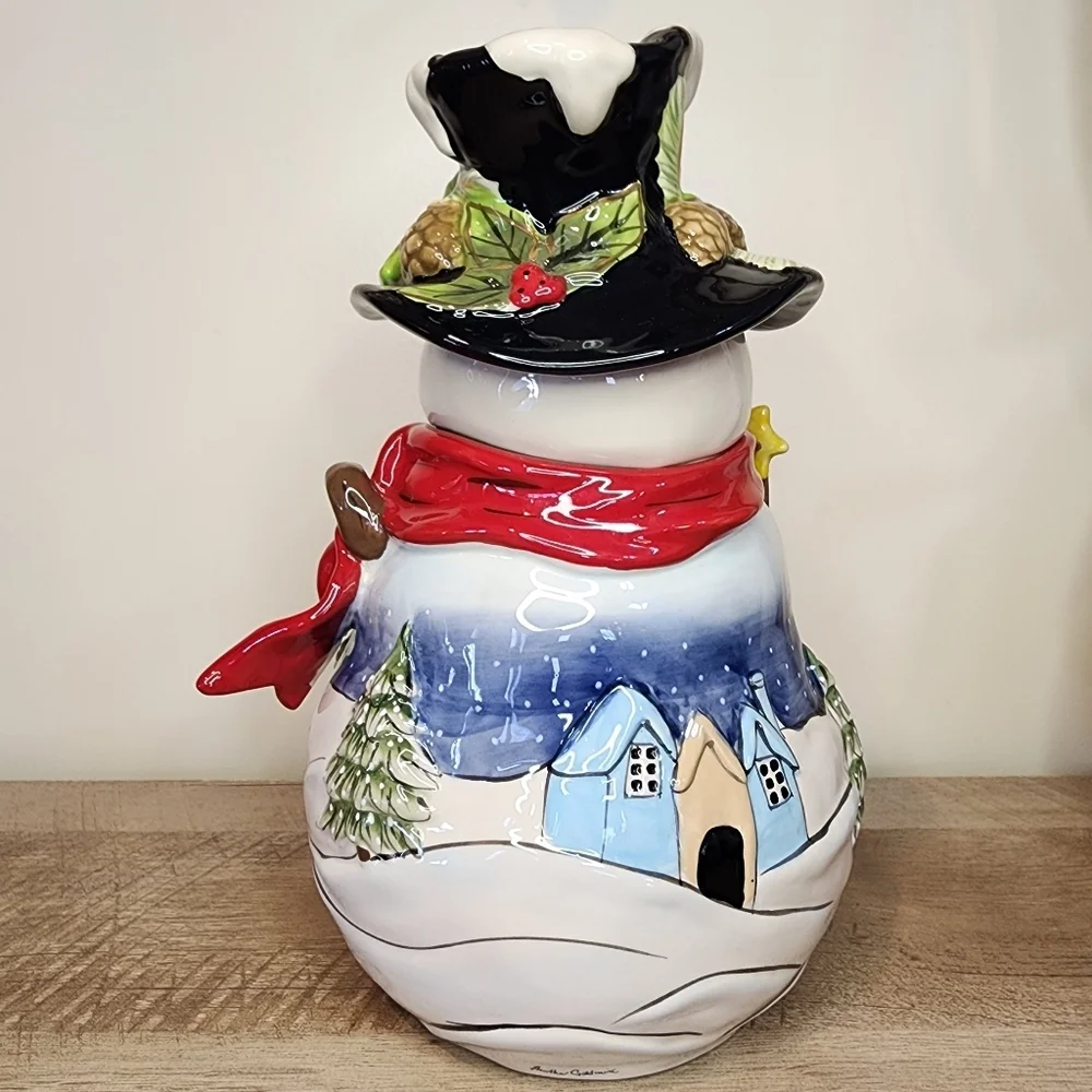 Blue Sky Heather Goldminc Ceramic Snowman Cookie Jar Night Before Christmas EUC